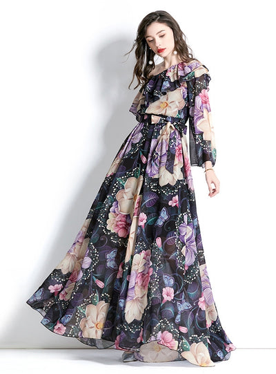 One-shoulder Ruffled Beach Print Dress