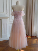 Pink Tulle Sequins Flower Prom Dress