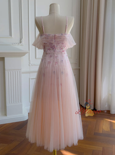 Pink Tulle Sequins Flower Prom Dress