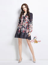 Retro V-neck and Breasted Long Sleeve Dress