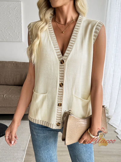 Contrast Sleeveless Cardigan Knitted Vest
