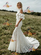 White Mermaid Lace High Neck Wedding Dress