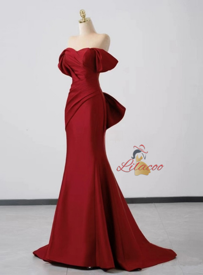 Burgundy Mermaid Pleats Bow Prom Dress