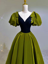 Green Satin V-neck Puff Sleeve Prom Dress