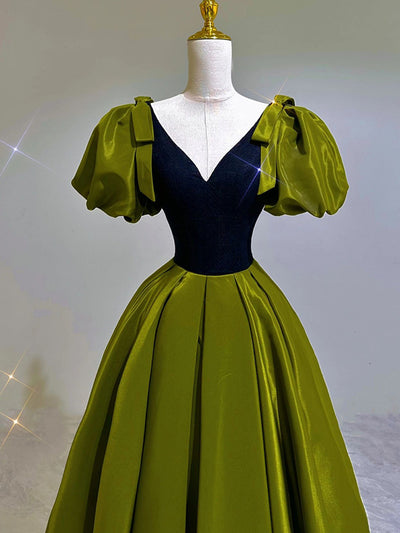 Green Satin V-neck Puff Sleeve Prom Dress