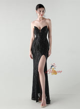 Mermaid Sequins Strapless Split Beading Prom Dress