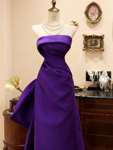 Purple Satin Strapless Pleats Prom Dress