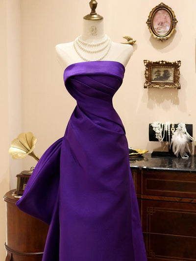 Purple Satin Strapless Pleats Prom Dress