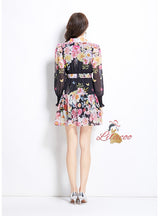 Deep V-neck Printed Ruffled Dress