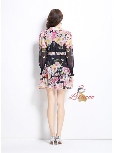 Deep V-neck Printed Ruffled Dress