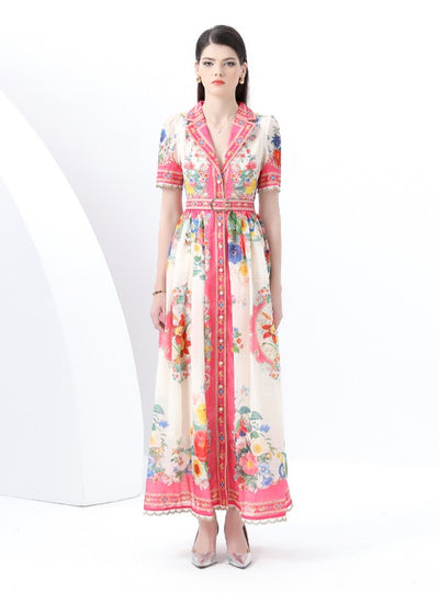 V-neck Short Sleeve Print Party Dress