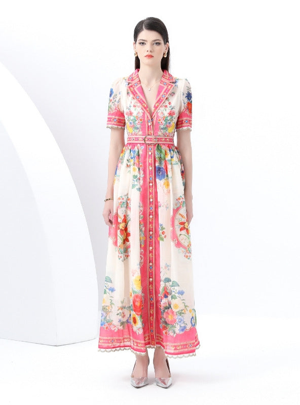 V-neck Short Sleeve Print Party Dress