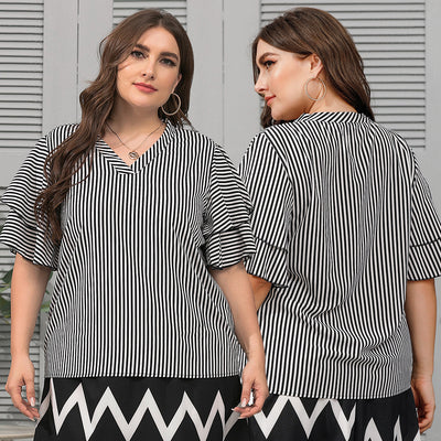 V-neck Lotus Leaf Sleeve Striped T-shirt Top