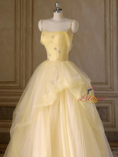 Yellow Tulle Spaghetti Straps Beading Prom Dress