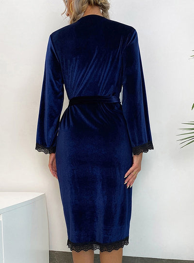 Velvet Lace Long Sleeve Blue Robe