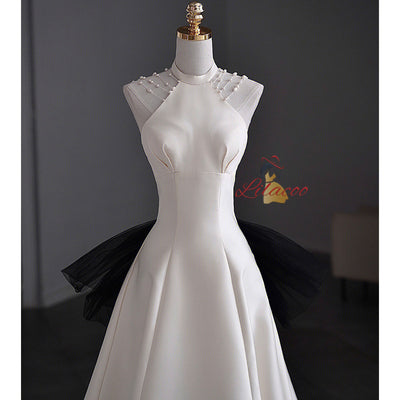 White Satin Halter Black Tulle Backless Wedding Dress