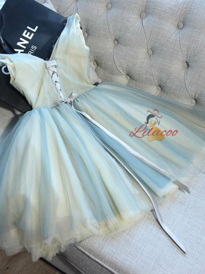 Blue Tulle V-neck Appliques Homecoming Dress