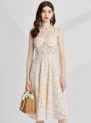 Retro Silm Waist Embroidery Gauze Dress