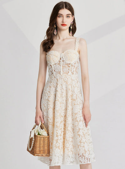 Retro Silm Waist Embroidery Gauze Dress