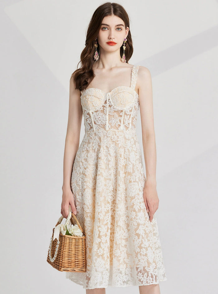 Retro Silm Waist Embroidery Gauze Dress