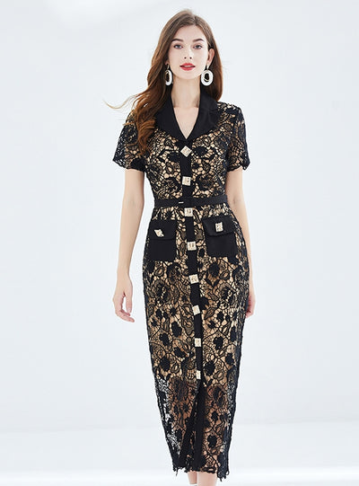Single-breasted Short Sleeve Lace Dress
