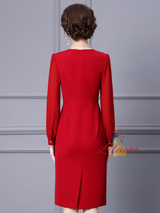 Red Long Sleeve V-neck Mother Of The Bride Dress