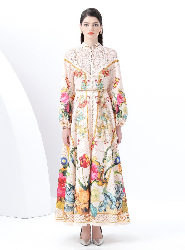 Retro Breasted Lace Stitching Printed Dress