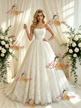 Beige White Tulle Appliques Strapless Wedding Dress