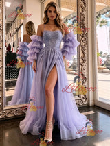 Purple Tulle Sequins Puff Sleeve Prom Dress