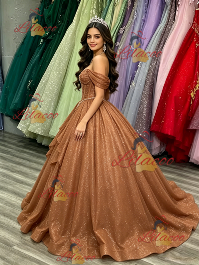 Brown Sequins Off the Shoulder Beading Quinceanera Dress