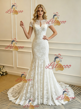 White Mermaid Lace Short Sleeve Wedding Dress