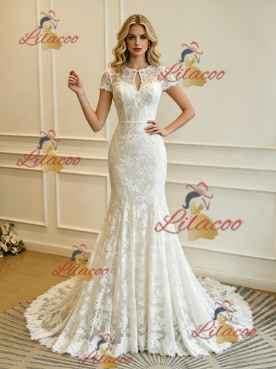 White Mermaid Lace Short Sleeve Wedding Dress