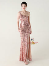 Mermaid Sequins One Shoulder Split Beading Prom Dress