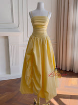 Yellow Straps Pleats Prom Dress