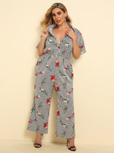 Fashion Lapel Striped Printed Wide-leg Jumpsuit