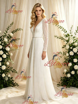 Long Sleeve V-neck Pleats Beading Wedding Dress