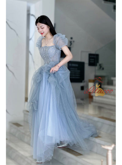 Blue Tulle Sequins Puff Sleeve Beading Prom Dress