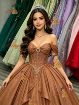 Brown Sequins Off the Shoulder Beading Quinceanera Dress