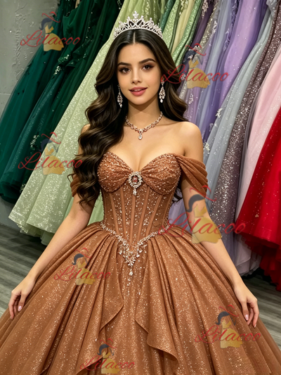 Brown Sequins Off the Shoulder Beading Quinceanera Dress