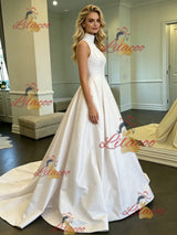 White Satin High Neck Wedding Dress