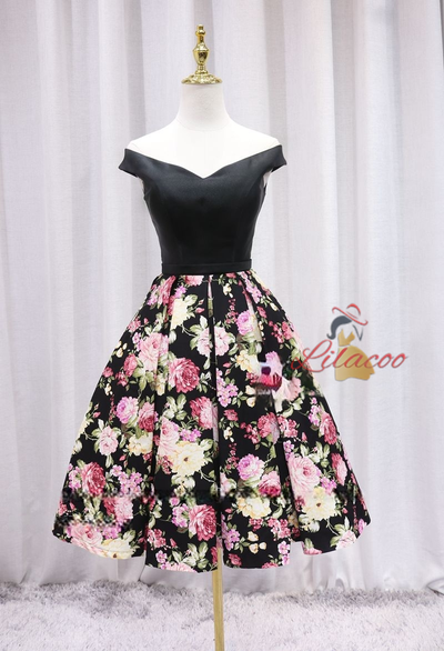 A-Line Black Satin Print Homecoming Dress