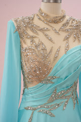 Blue High Neck Chiffon Beading Prom Dress
