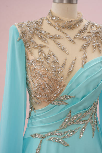 Blue High Neck Chiffon Beading Prom Dress