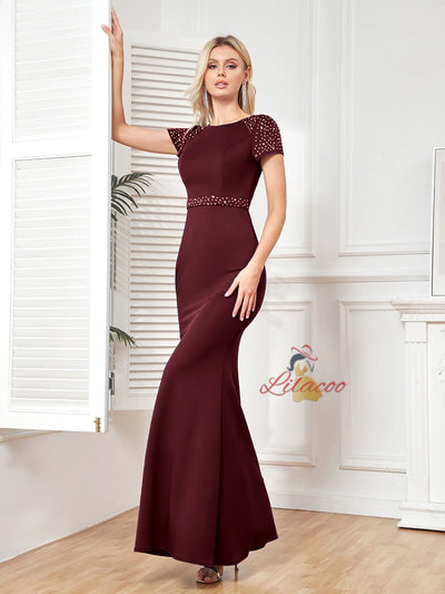 Burgundy Mermaid Short Sleeve Prom Dress