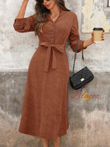 Brown Corduroy V-neck Joker Dress