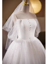 White Tulle Off the Shoulder Pearls Wedding Dress