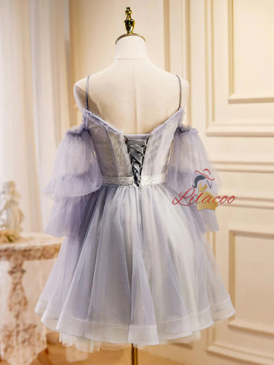 Purple Tulle Straps Long Sleeve Homecoming Dress