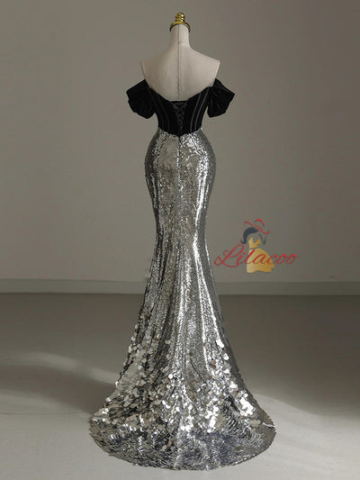 Silver Mermaid Sequins Beading Prom Dress