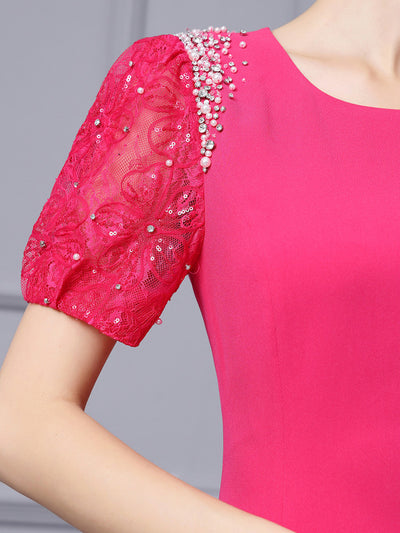 Fuchsia Lace Short Sleeve Mother Of the Brides Dress