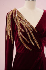 Burgundy Mermaid Velvet Beading Prom Dress